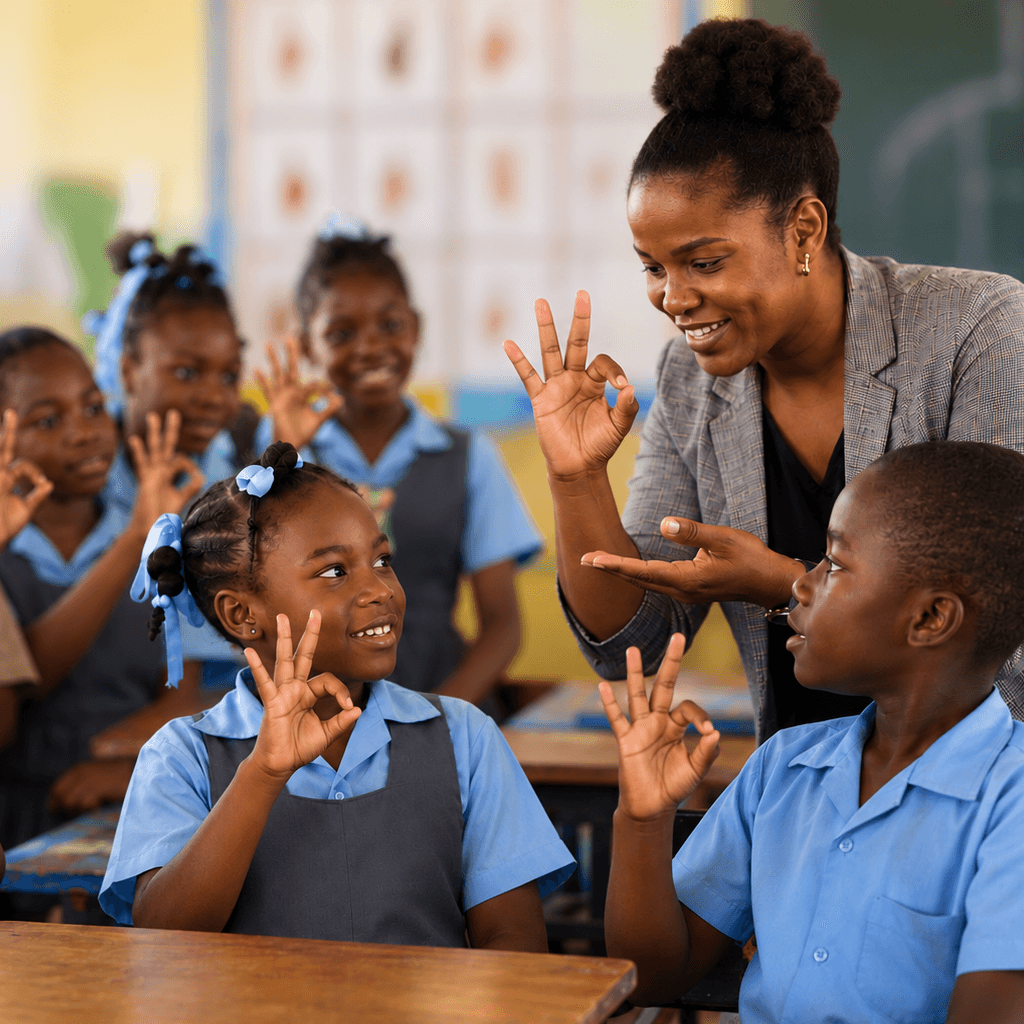 A teacher and students practicing Jamaican Sign Language together in a classroom
